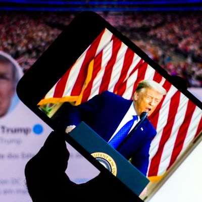 June 5, 2020, Brazil. In this photo illustration speech by Donald Trump, President of the United States, on the smartphone. In the background, Trump's official Twitter page