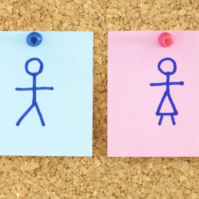 Tekeningen van jongen, blauw, en meisje, roze, op prikbord.